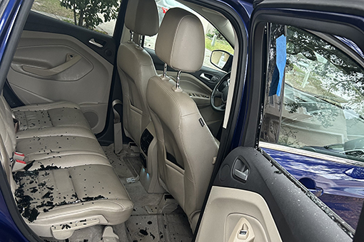 Shards Inside a Blue Car In Need of Mobile Auto Glass Repair Services Near Riverview Florida